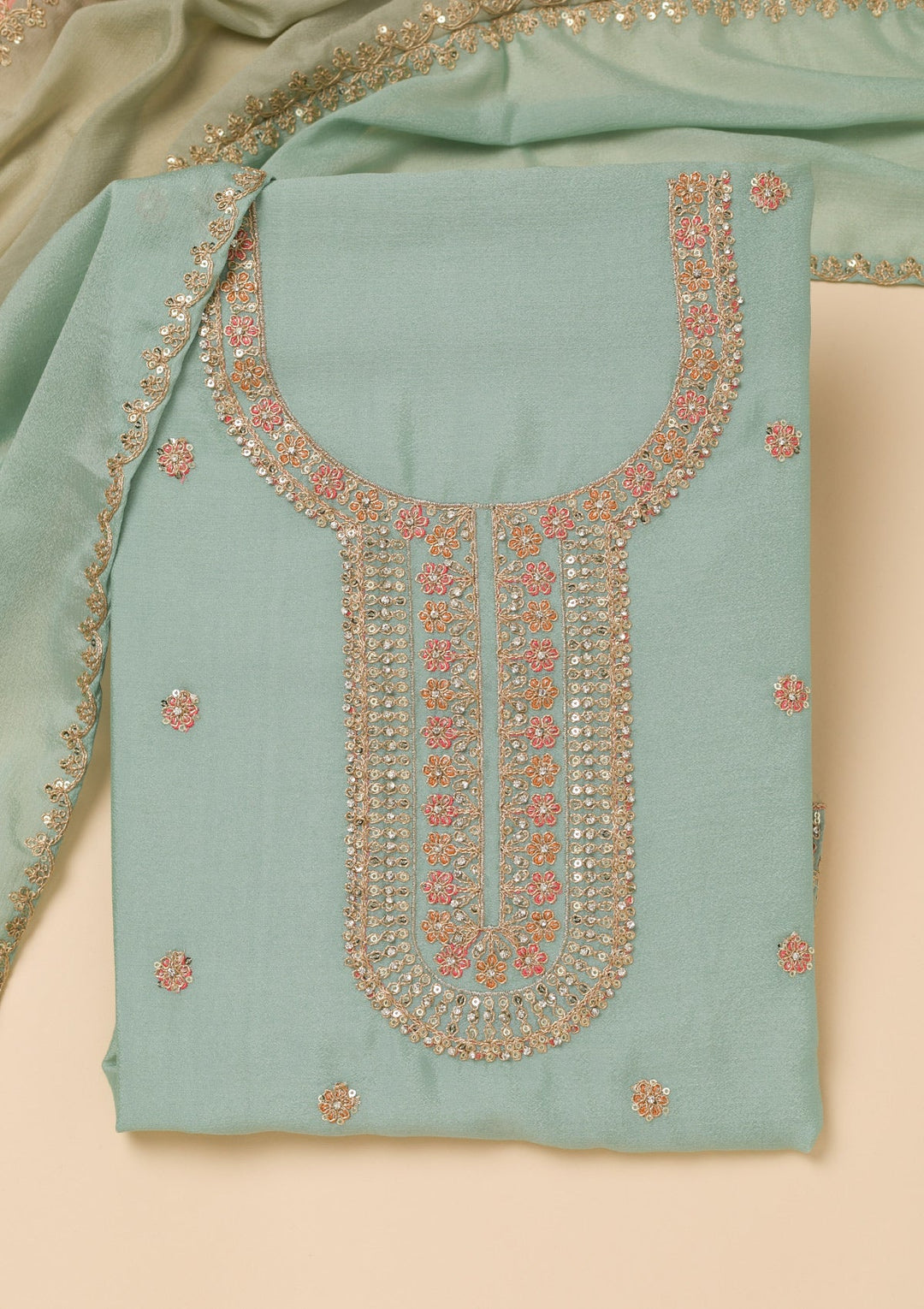 Sky Blue Zariwork Semi Crepe Unstitched Salwar Suit-Koskii