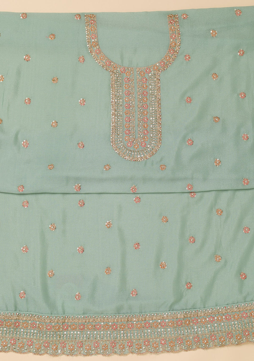Sky Blue Zariwork Semi Crepe Unstitched Salwar Suit-Koskii