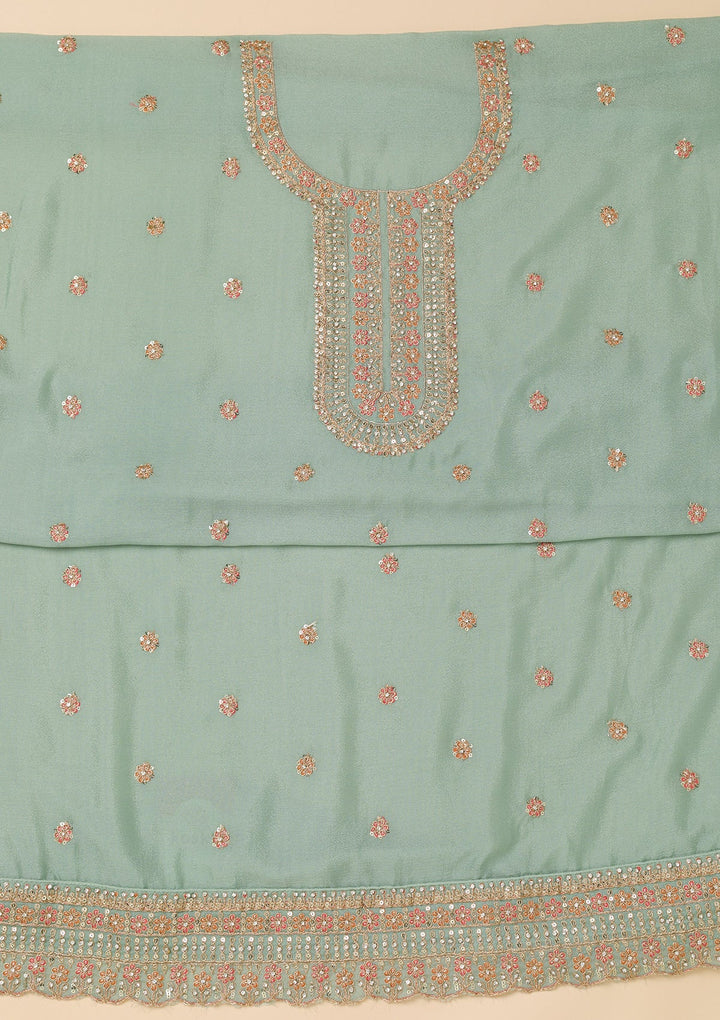 Sky Blue Zariwork Semi Crepe Unstitched Salwar Suit-Koskii
