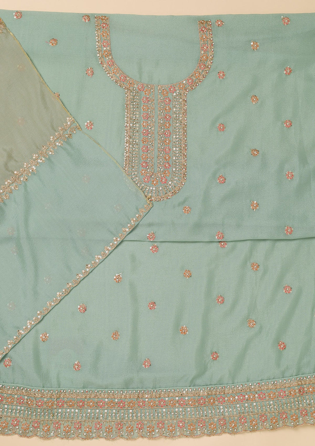 Sky Blue Zariwork Semi Crepe Unstitched Salwar Suit-Koskii