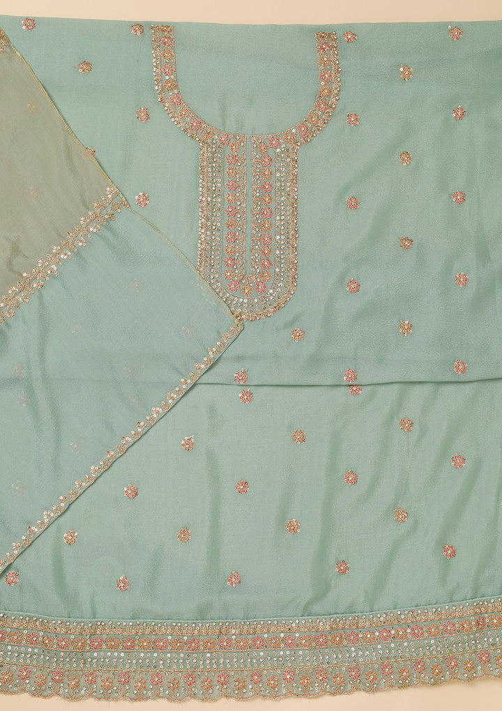 Sky Blue Zariwork Semi Crepe Unstitched Salwar Suit-Koskii