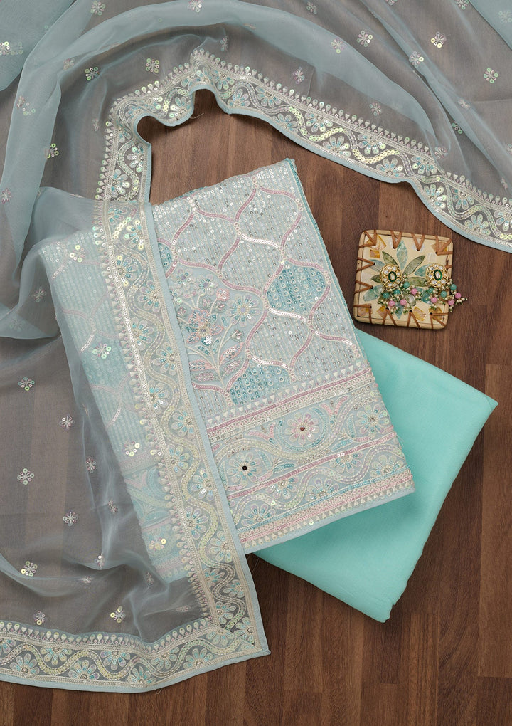 Sky Blue Zariwork Semi Crepe Unstitched Salwar Suit-Koskii