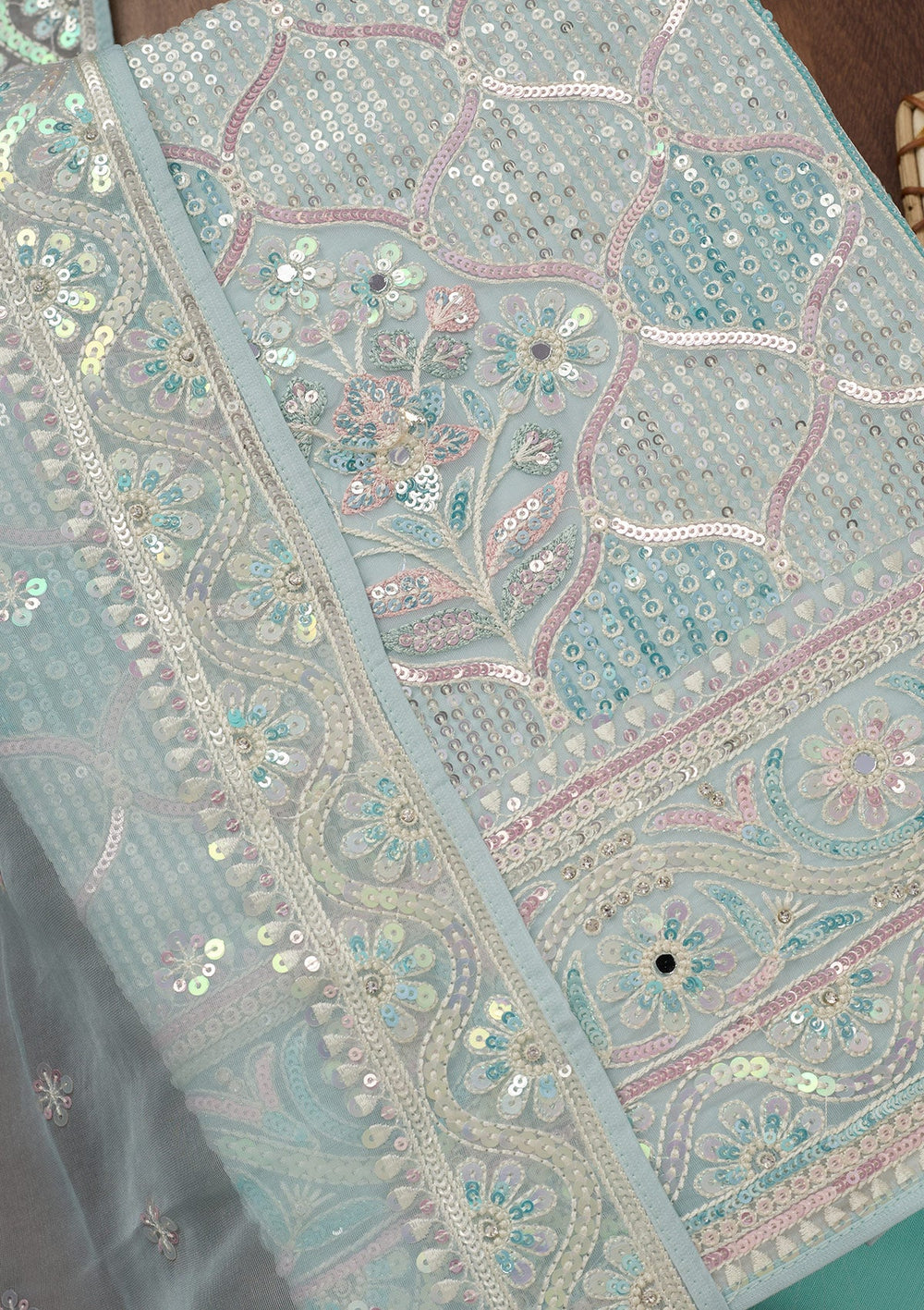 Sky Blue Zariwork Semi Crepe Unstitched Salwar Suit-Koskii