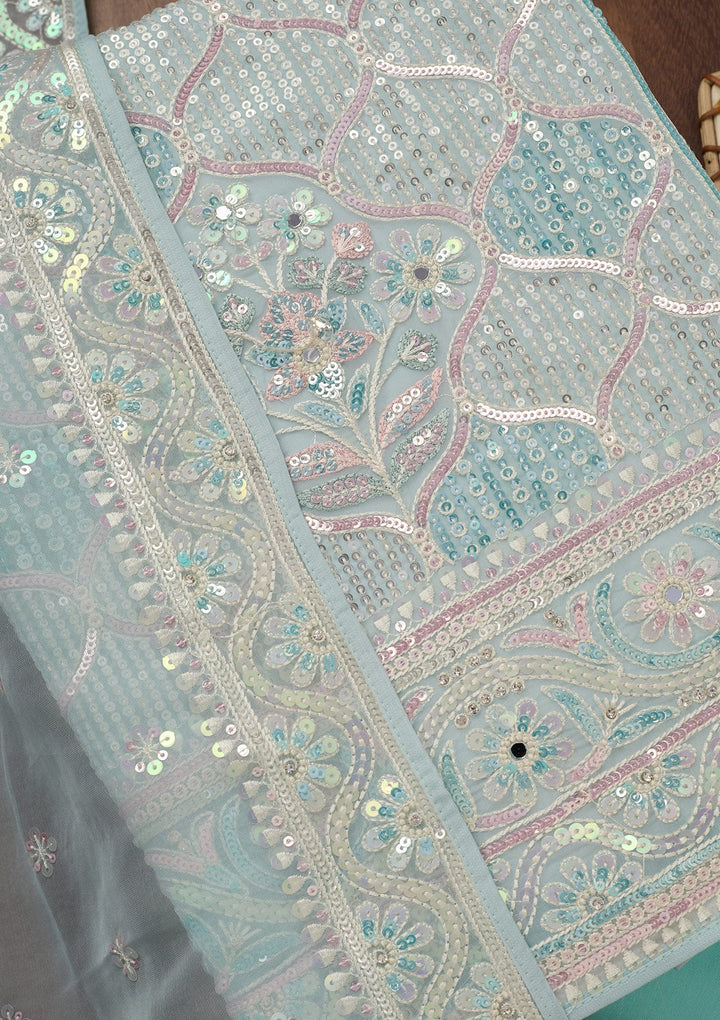 Sky Blue Zariwork Semi Crepe Unstitched Salwar Suit-Koskii