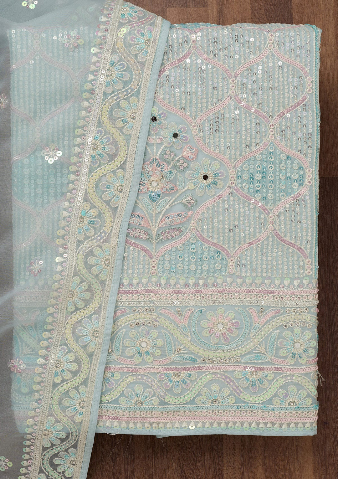 Sky Blue Zariwork Semi Crepe Unstitched Salwar Suit-Koskii