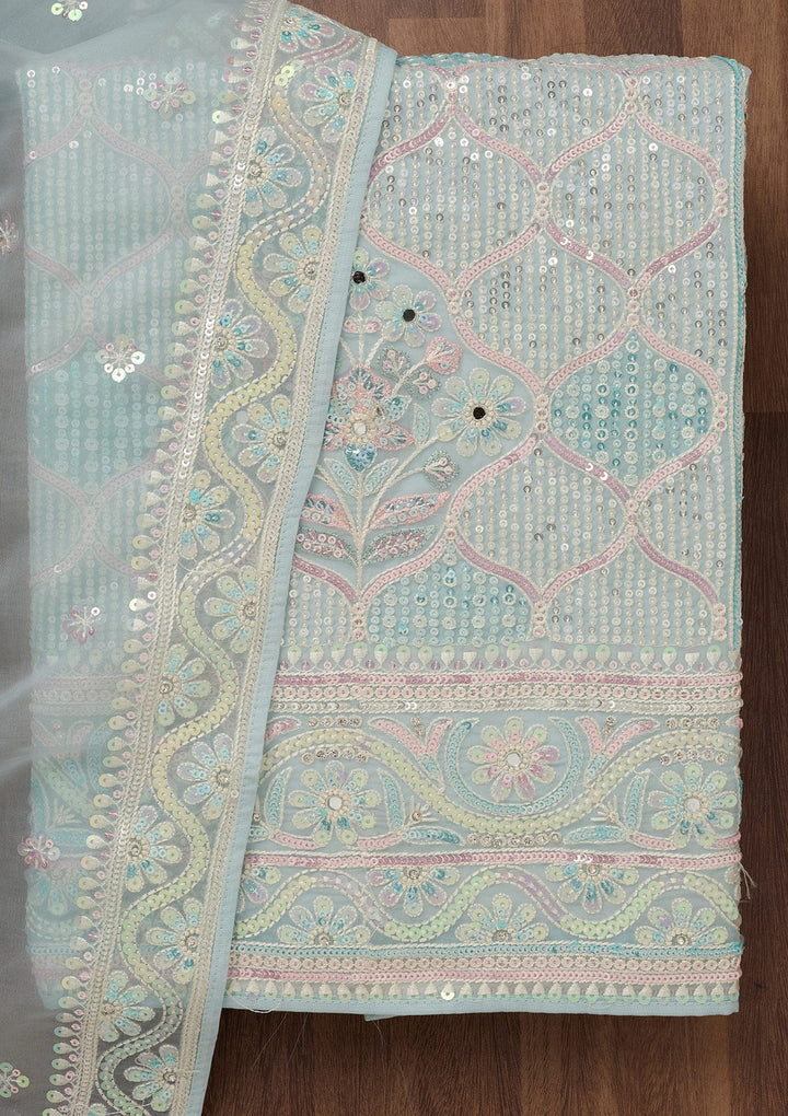 Sky Blue Zariwork Semi Crepe Unstitched Salwar Suit-Koskii