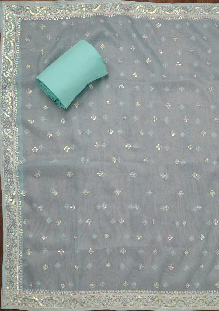 Sky Blue Zariwork Semi Crepe Unstitched Salwar Suit-Koskii