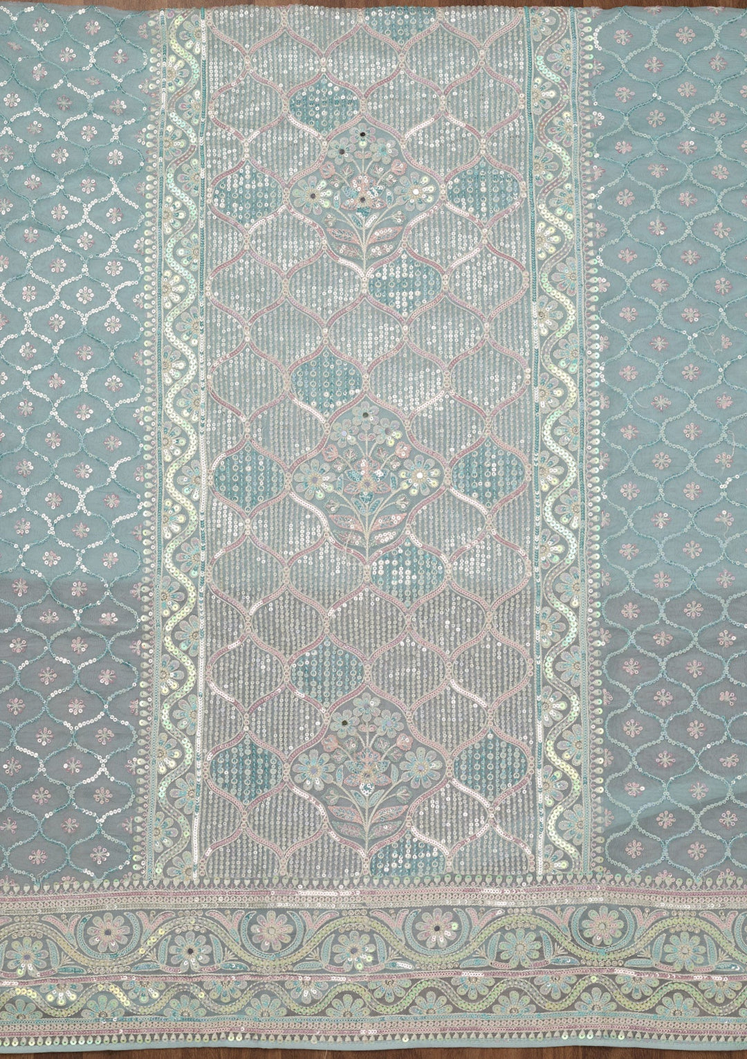 Sky Blue Zariwork Semi Crepe Unstitched Salwar Suit-Koskii