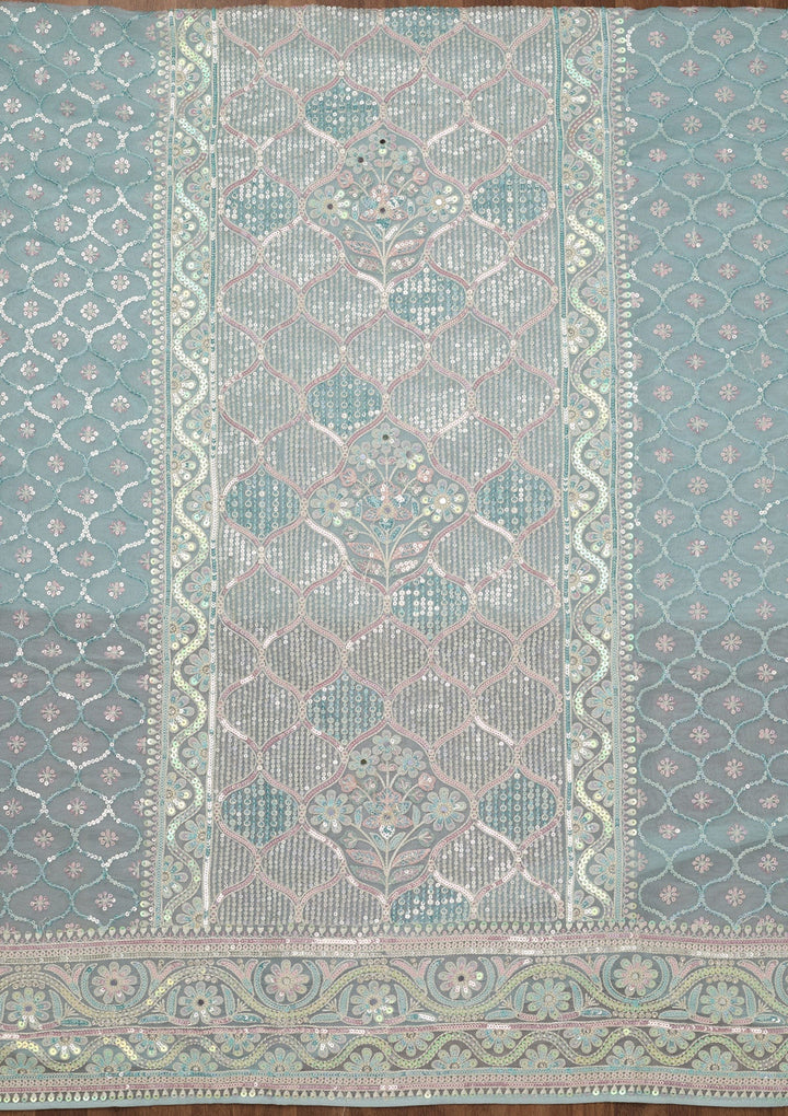 Sky Blue Zariwork Semi Crepe Unstitched Salwar Suit-Koskii