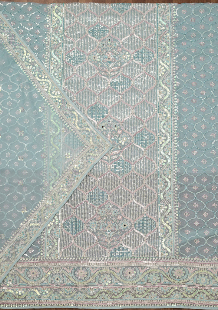 Sky Blue Zariwork Semi Crepe Unstitched Salwar Suit-Koskii