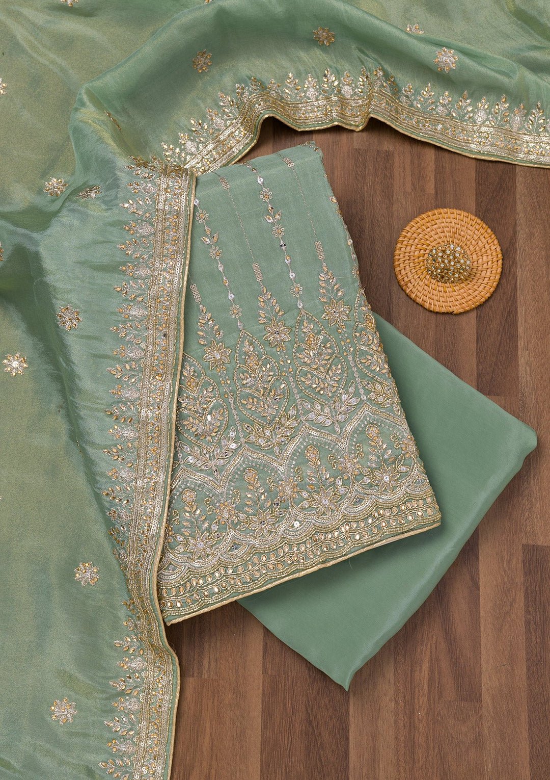 Sky Blue Zariwork Semi Crepe Unstitched Salwar Suit-Koskii