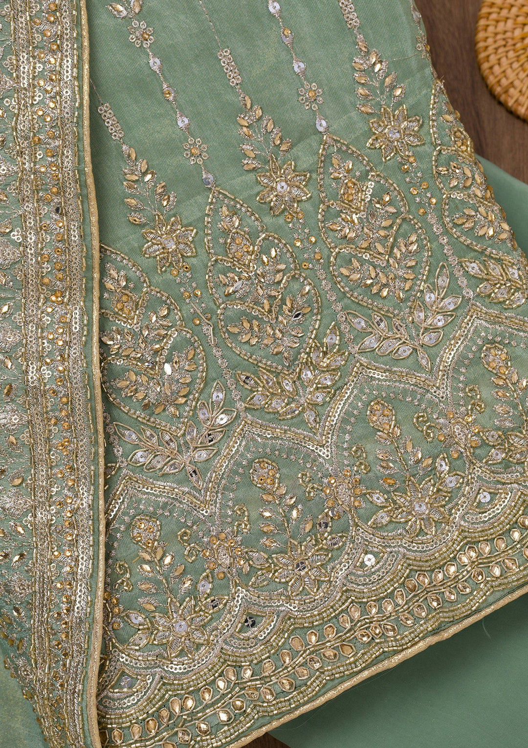 Sky Blue Zariwork Semi Crepe Unstitched Salwar Suit-Koskii