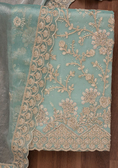 Sky Blue Zariwork Semi Crepe Unstitched Salwar Suit-Koskii