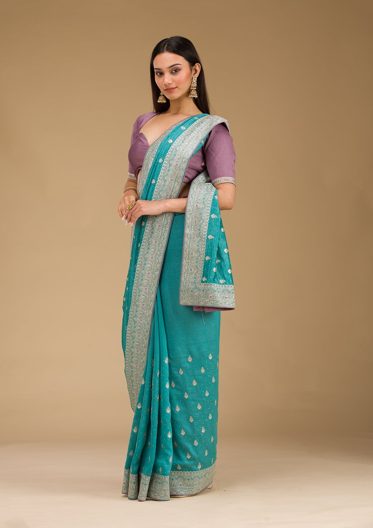 Sky Blue Zariwork Silk Saree-Koskii