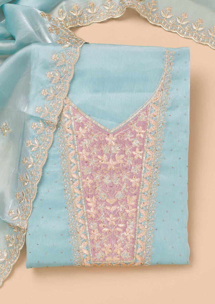Sky Blue Zariwork Tissue Unstitched Salwar Kameez-Koskii