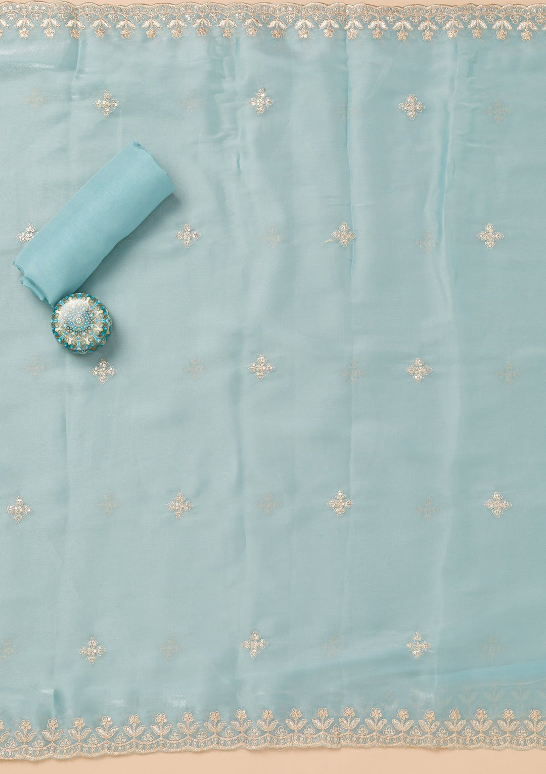 Sky Blue Zariwork Tissue Unstitched Salwar Kameez-Koskii