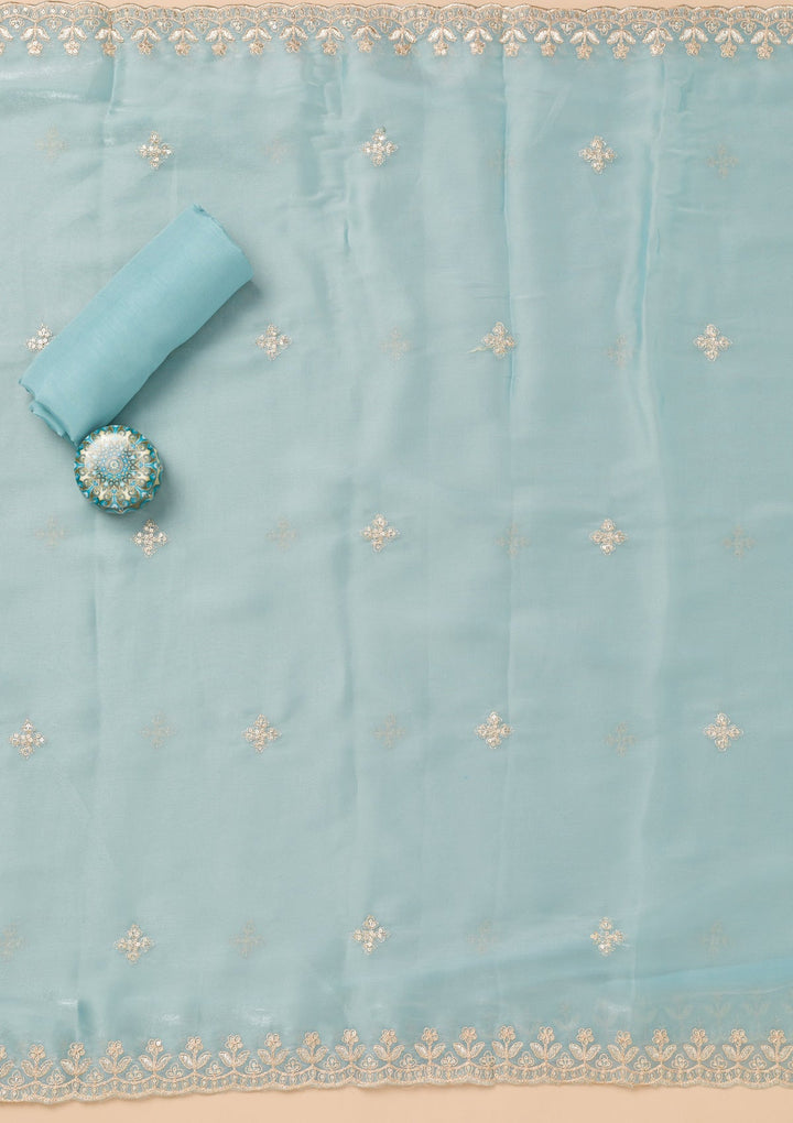 Sky Blue Zariwork Tissue Unstitched Salwar Kameez-Koskii