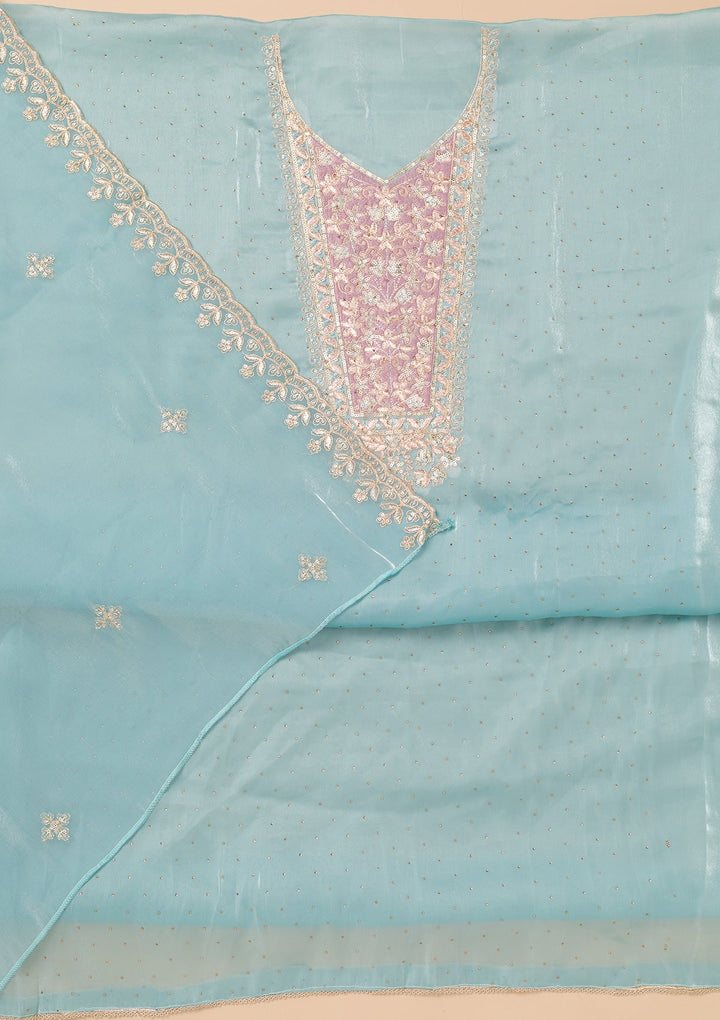 Sky Blue Zariwork Tissue Unstitched Salwar Kameez-Koskii