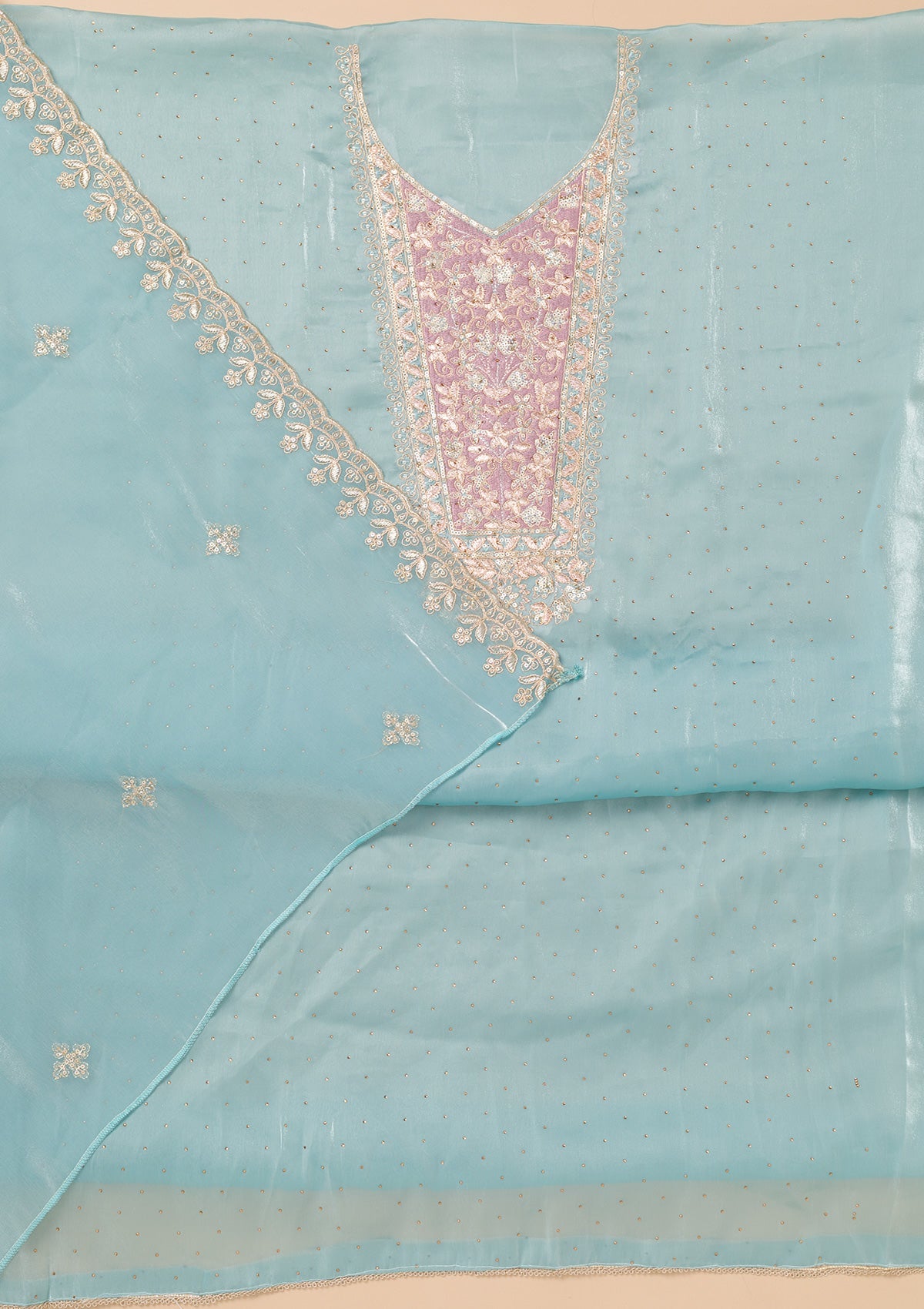 Sky Blue Zariwork Tissue Unstitched Salwar Kameez-Koskii