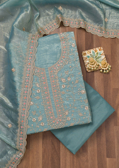 Sky Blue Zariwork Tissue Unstitched Salwar Suit-Koskii