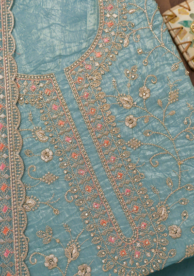 Sky Blue Zariwork Tissue Unstitched Salwar Suit-Koskii