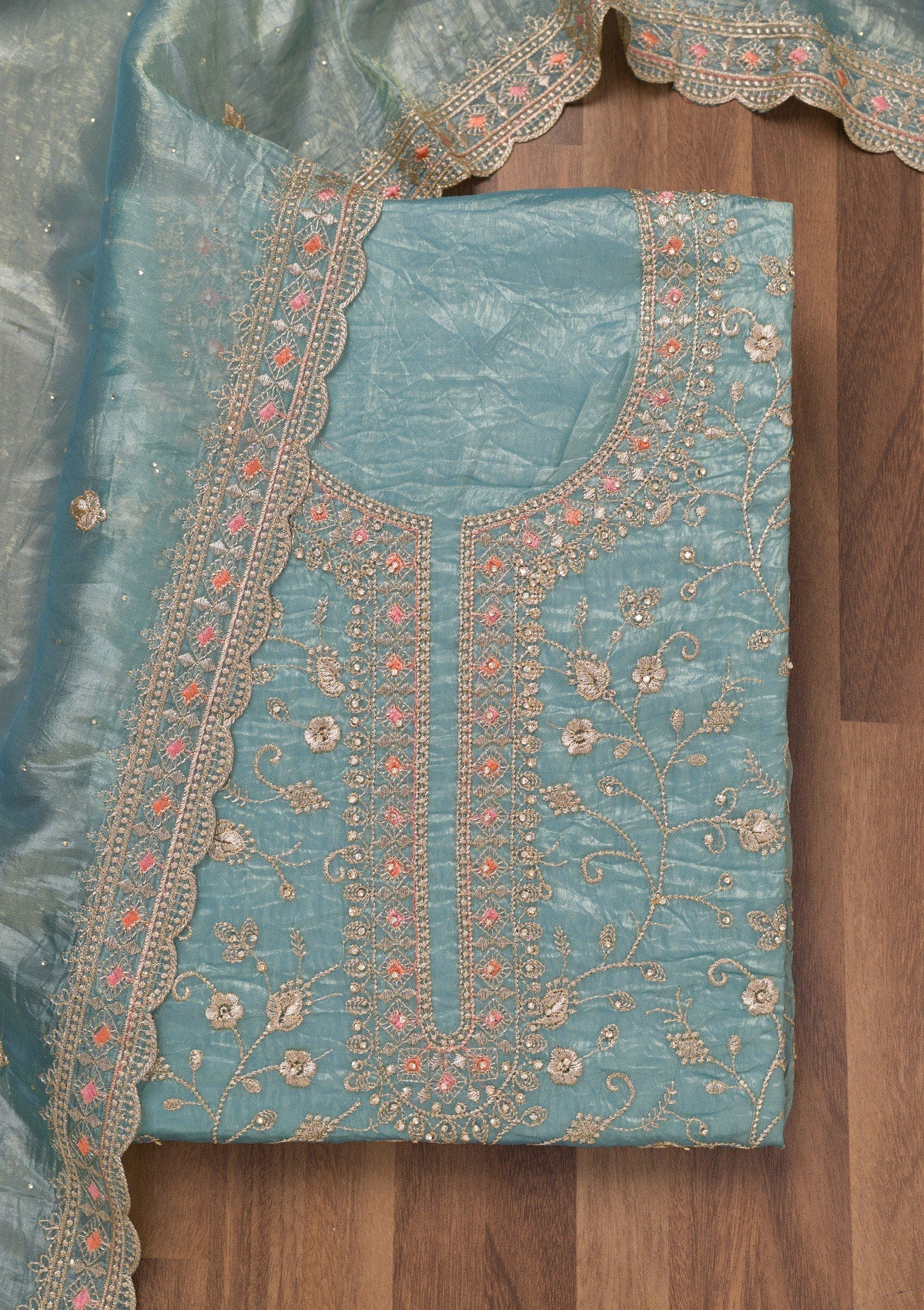Sky Blue Zariwork Tissue Unstitched Salwar Suit-Koskii