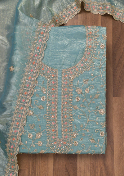Sky Blue Zariwork Tissue Unstitched Salwar Suit-Koskii