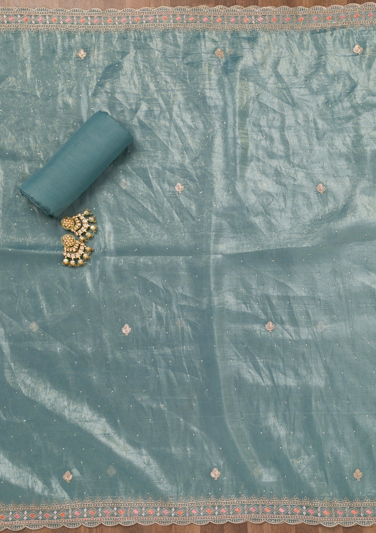 Sky Blue Zariwork Tissue Unstitched Salwar Suit-Koskii