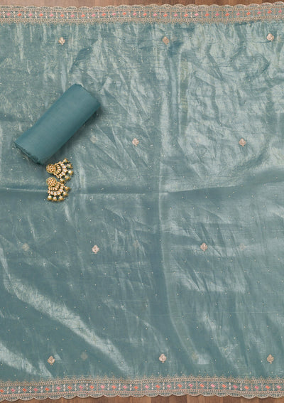 Sky Blue Zariwork Tissue Unstitched Salwar Suit-Koskii