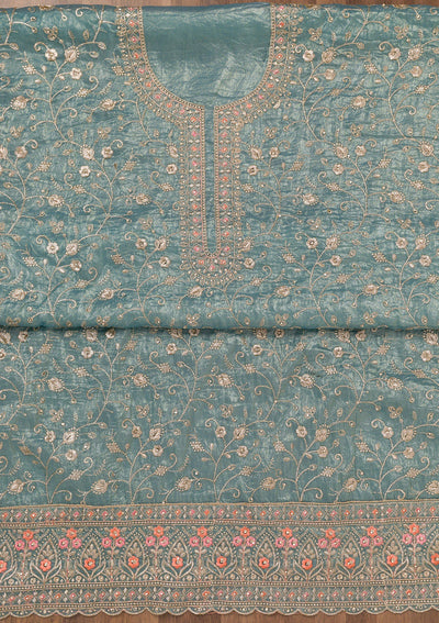 Sky Blue Zariwork Tissue Unstitched Salwar Suit-Koskii