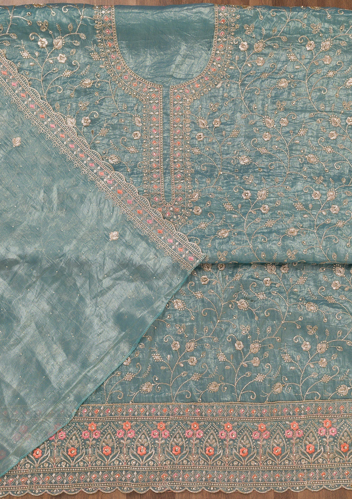 Sky Blue Zariwork Tissue Unstitched Salwar Suit-Koskii