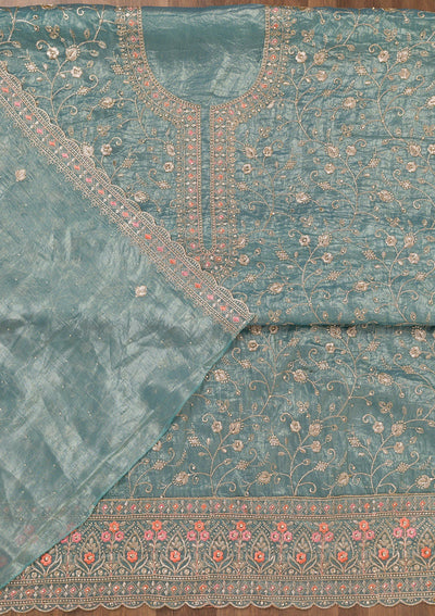 Sky Blue Zariwork Tissue Unstitched Salwar Suit-Koskii