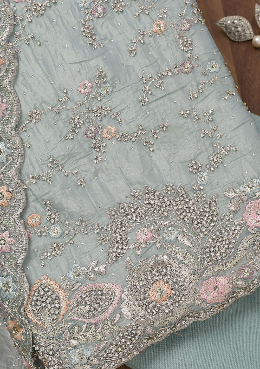 Sky Blue Zariwork Tissue Unstitched Salwar Suit-Koskii