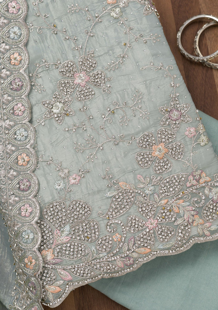 Sky Blue Zariwork Tissue Unstitched Salwar Suit-Koskii