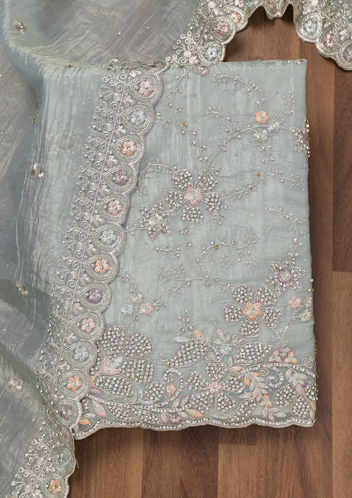 Sky Blue Zariwork Tissue Unstitched Salwar Suit-Koskii