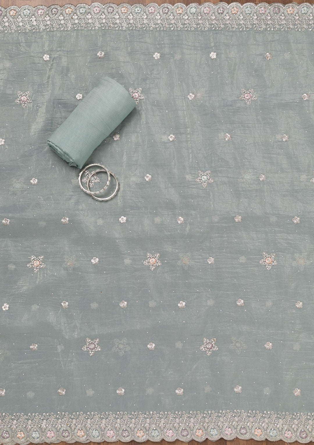 Sky Blue Zariwork Tissue Unstitched Salwar Suit-Koskii