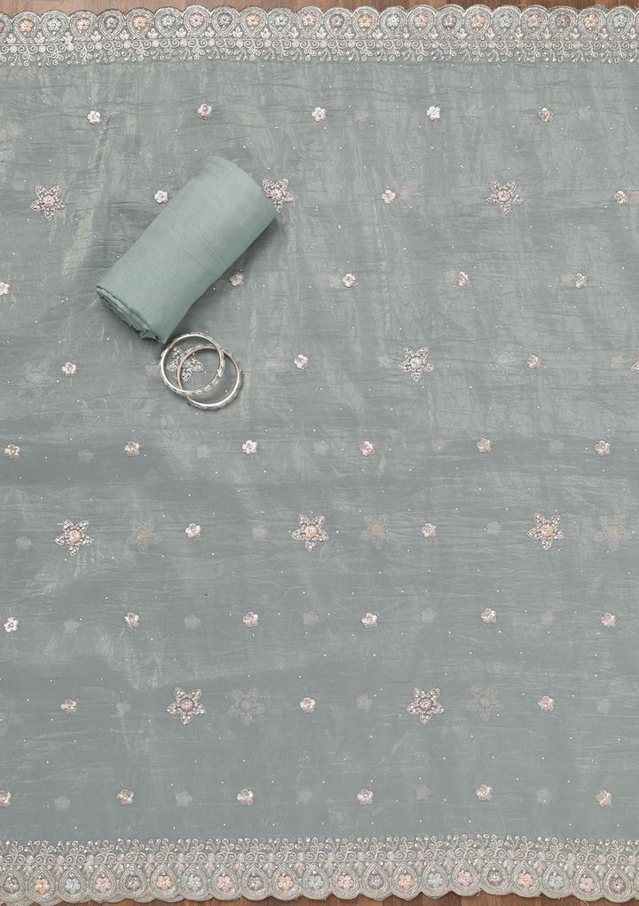 Sky Blue Zariwork Tissue Unstitched Salwar Suit-Koskii