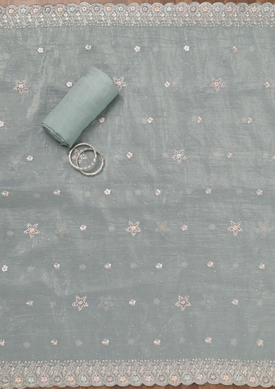 Sky Blue Zariwork Tissue Unstitched Salwar Suit-Koskii
