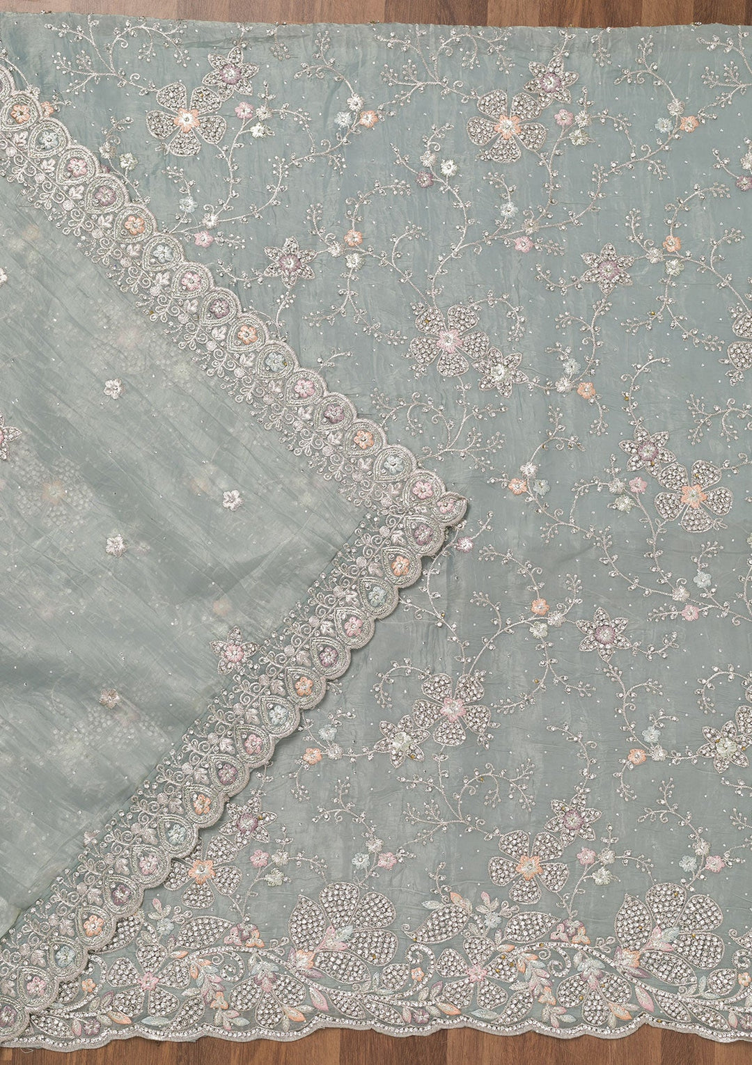 Sky Blue Zariwork Tissue Unstitched Salwar Suit-Koskii