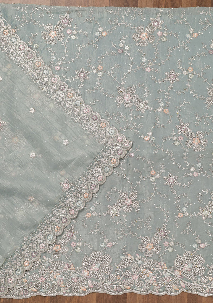 Sky Blue Zariwork Tissue Unstitched Salwar Suit-Koskii