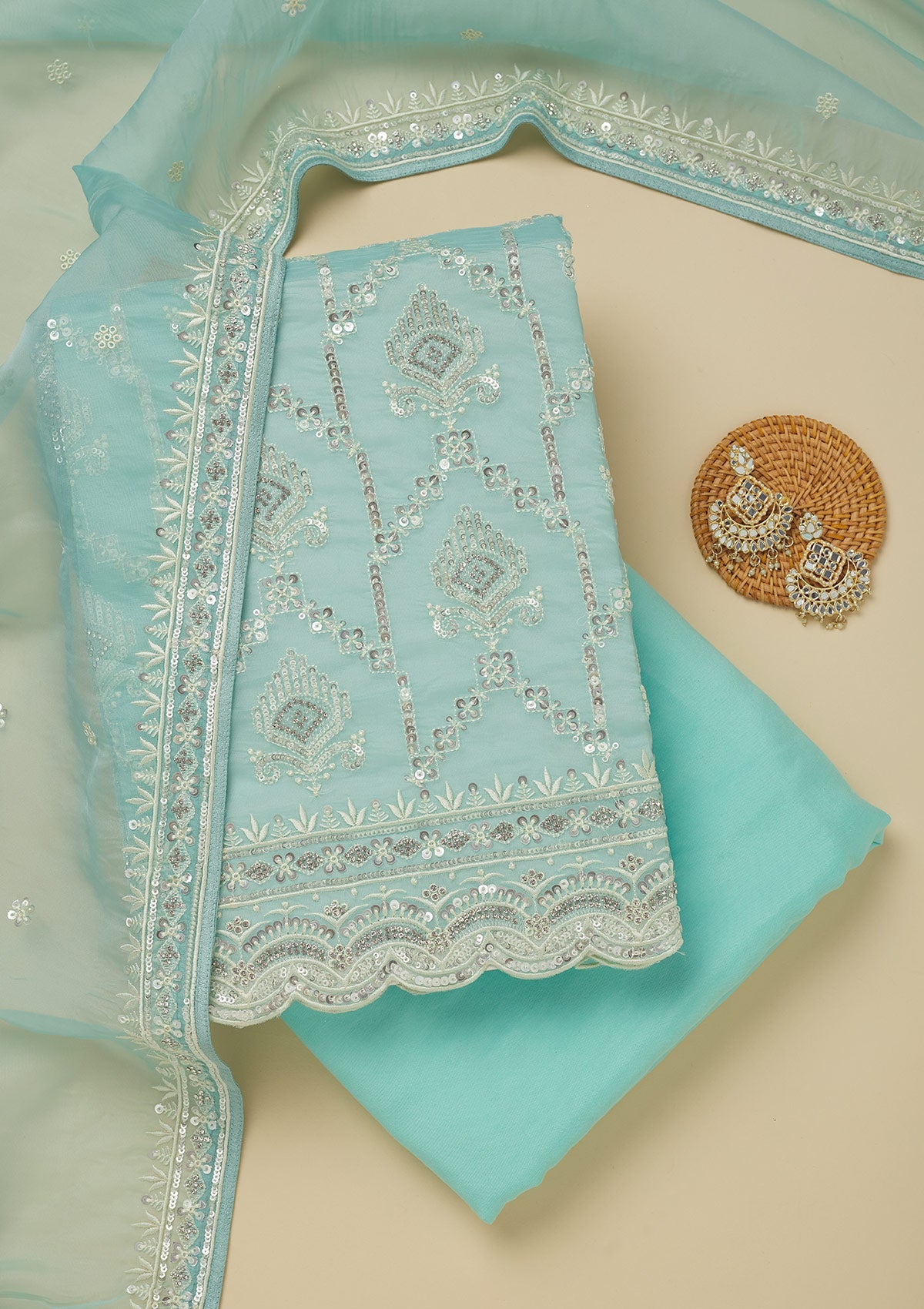 Sky Blue Zariwork Tissue Unstitched Salwar Suit-Koskii