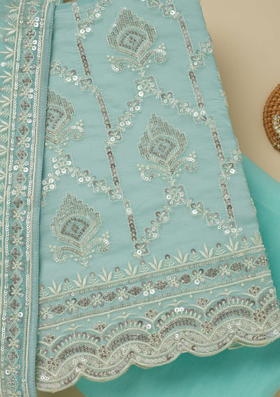 Sky Blue Zariwork Tissue Unstitched Salwar Suit-Koskii