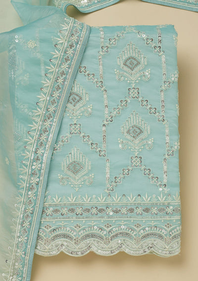 Sky Blue Zariwork Tissue Unstitched Salwar Suit-Koskii