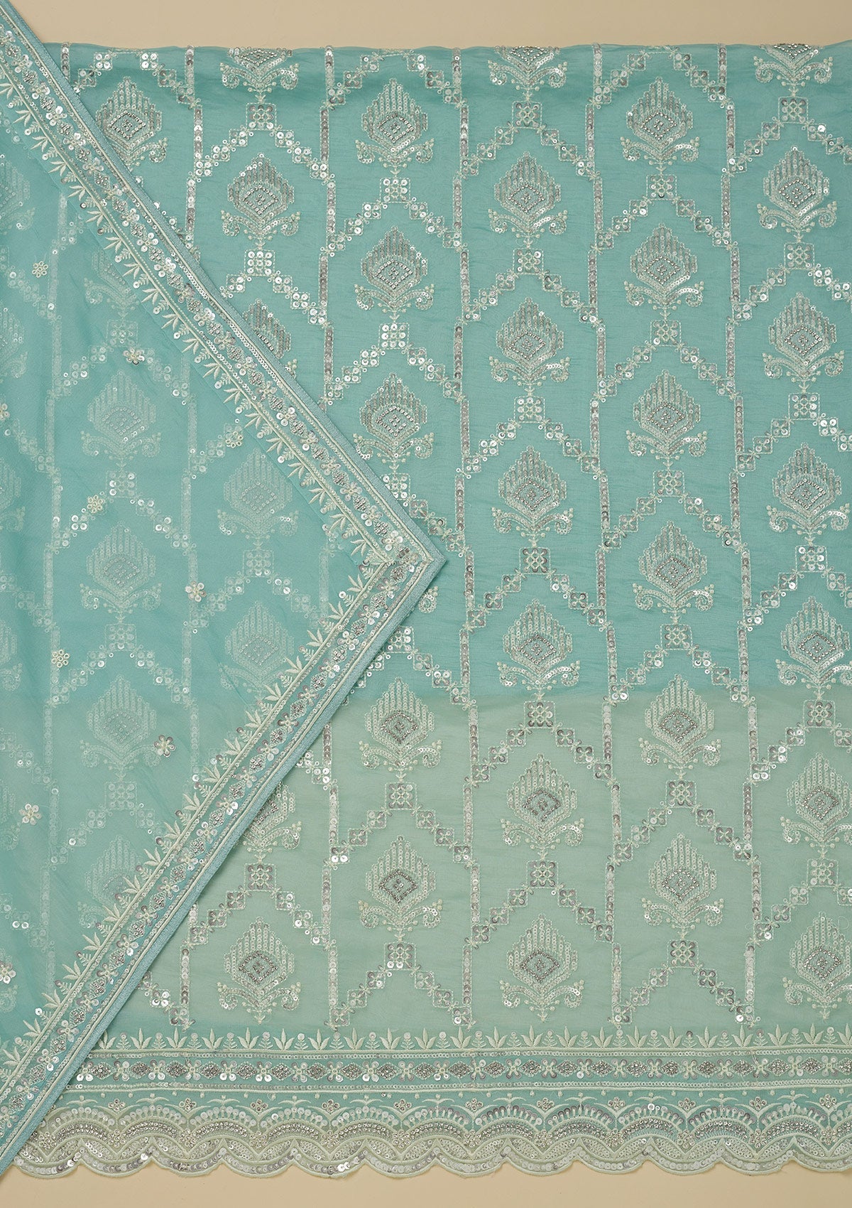 Sky Blue Zariwork Tissue Unstitched Salwar Suit-Koskii