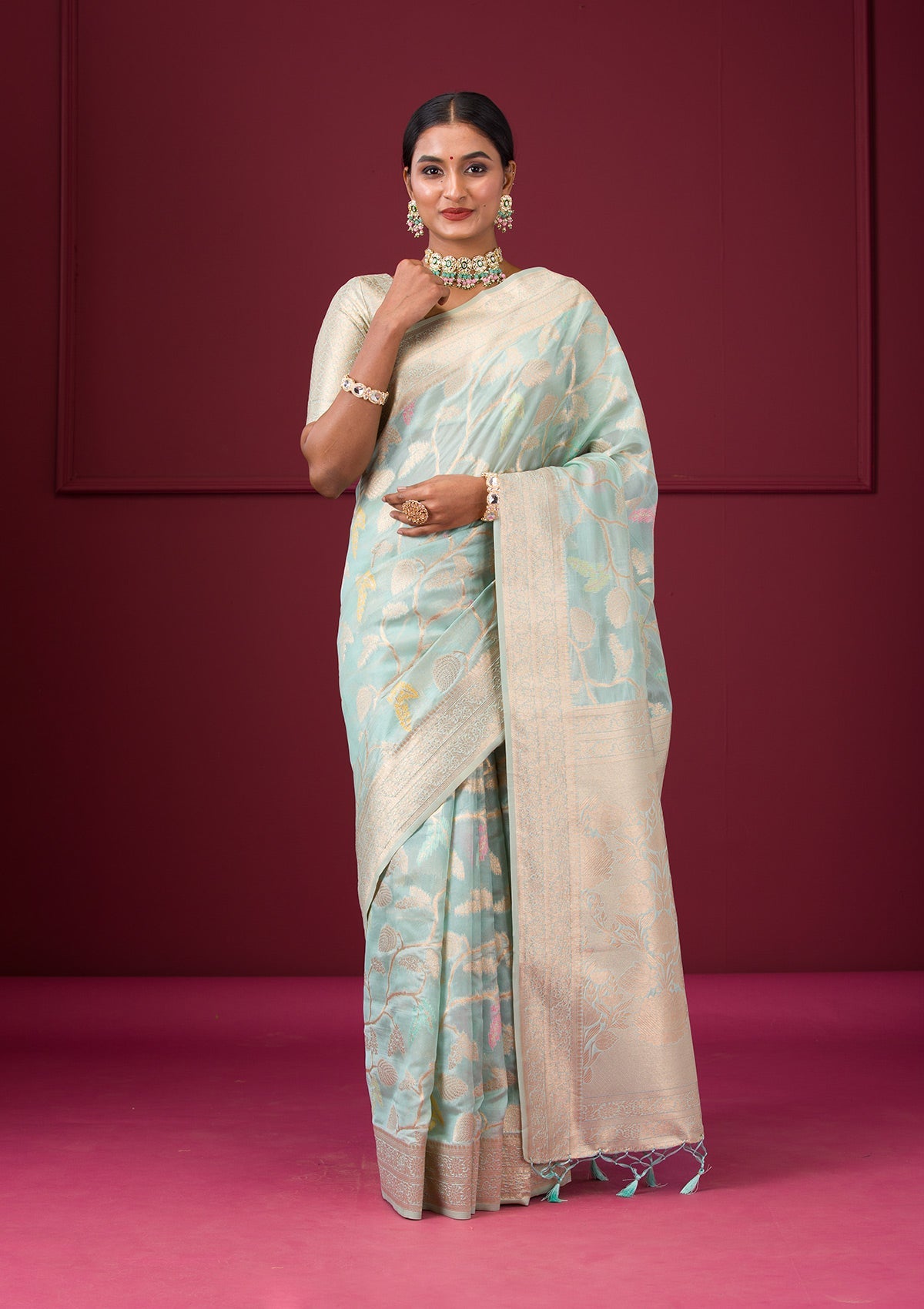 Sky Blue Zariwork Tissue Saree-Koskii