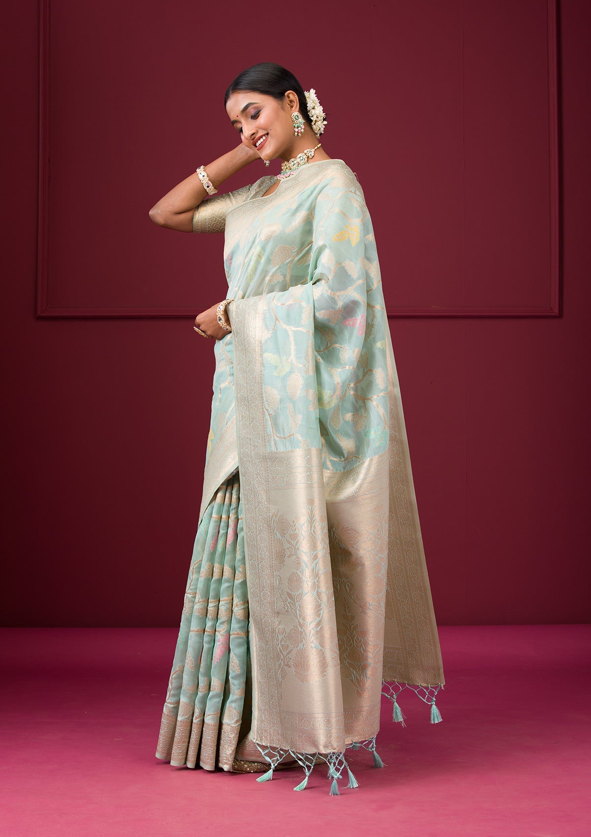 Sky Blue Zariwork Tissue Saree-Koskii