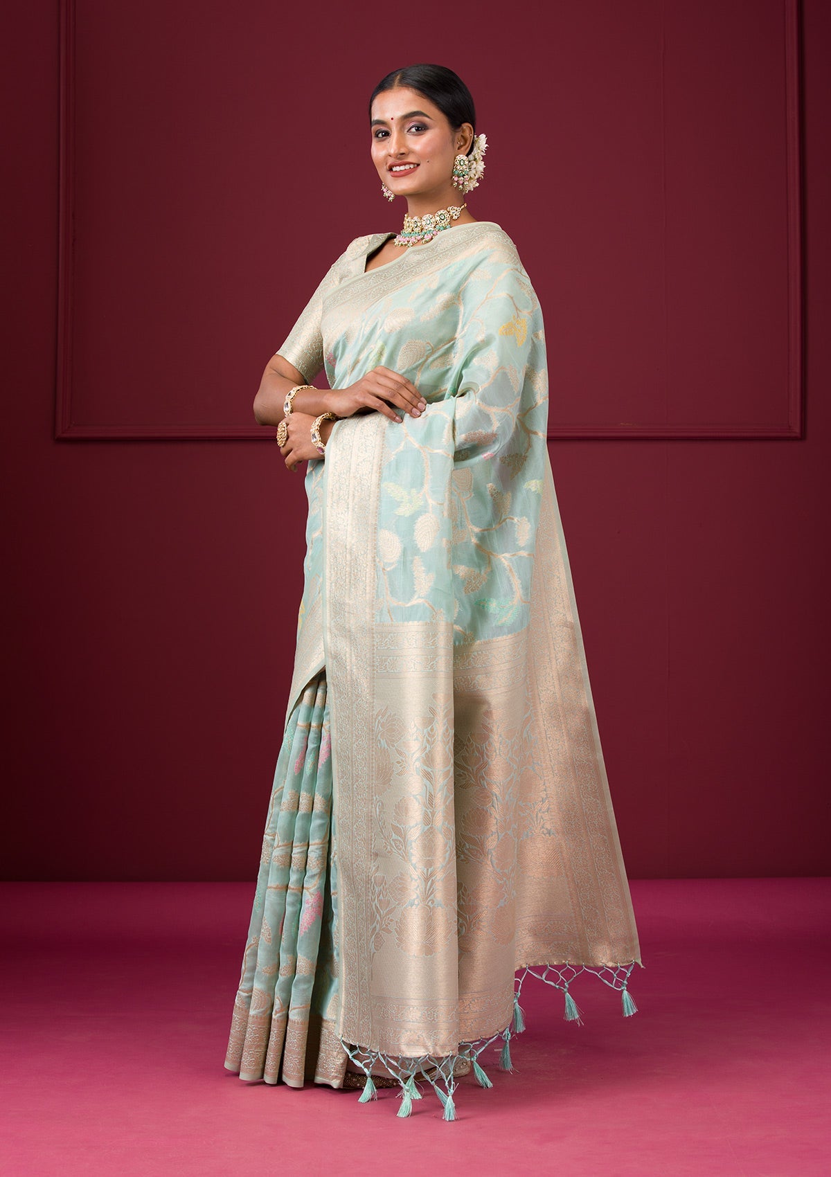 Sky Blue Zariwork Tissue Saree-Koskii