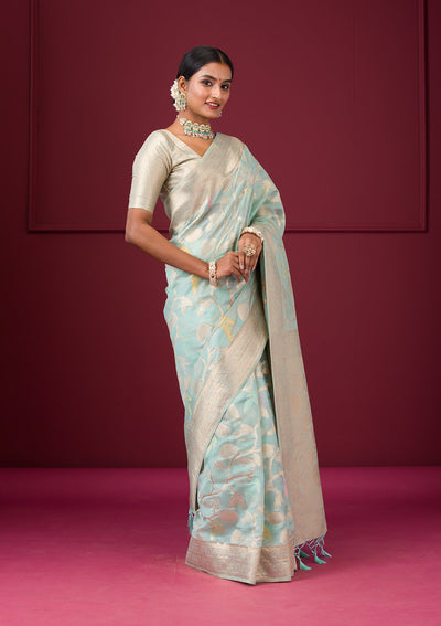 Sky Blue Zariwork Tissue Saree-Koskii