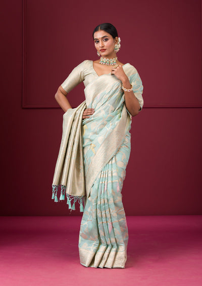 Sky Blue Zariwork Tissue Saree-Koskii