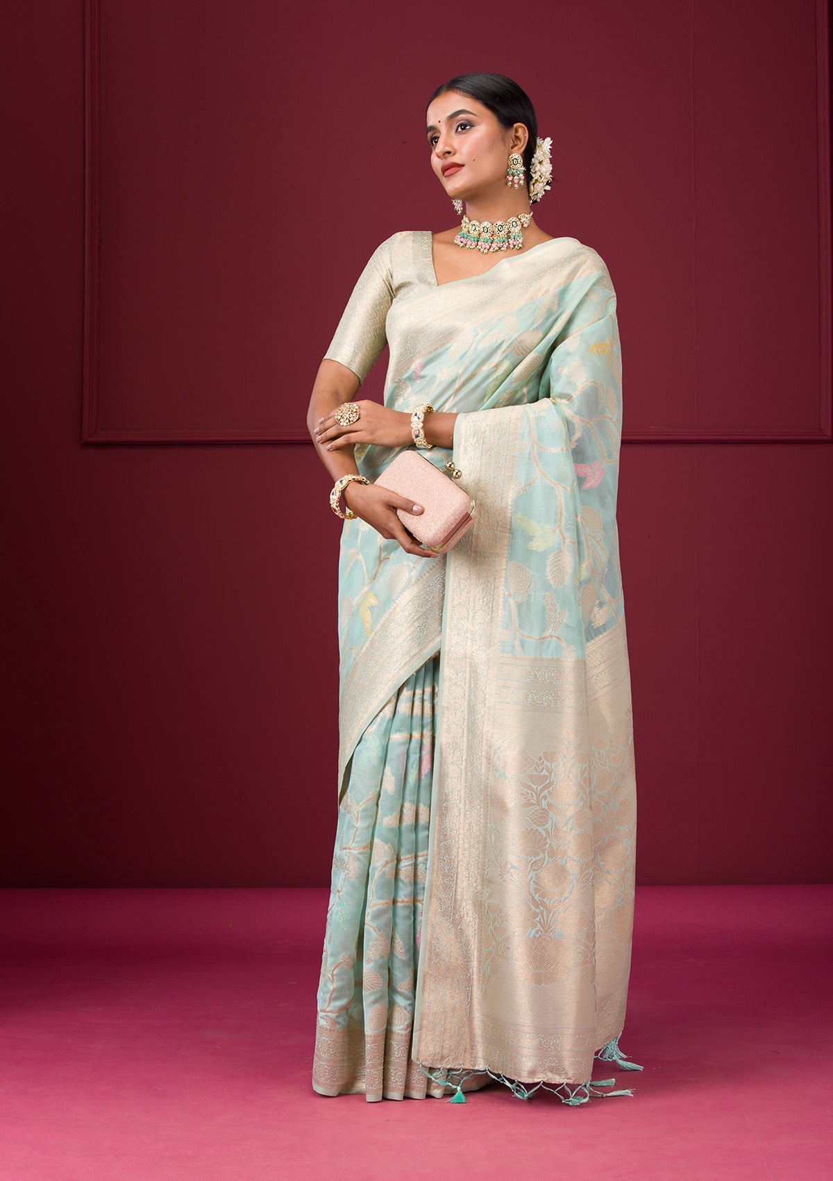 Sky Blue Zariwork Tissue Saree-Koskii